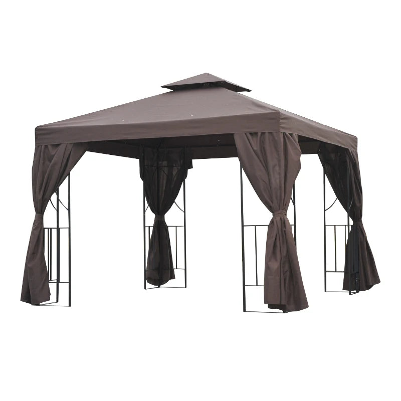 Outsunny 3 x 3 m Garden Gazebo Double Roof Marquee Patio Wedding Party Tent Canopy Shelter with Sidewalls, (Brown)