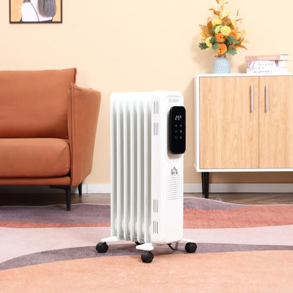 HOMCOM 1500W Oil Filled Radiator, 7 Fin Portable Electric Heater with LED Display, 24H Timer, 3 Heat Settings, Adjustable Thermostat, Safety Cut off, Remote Control, White