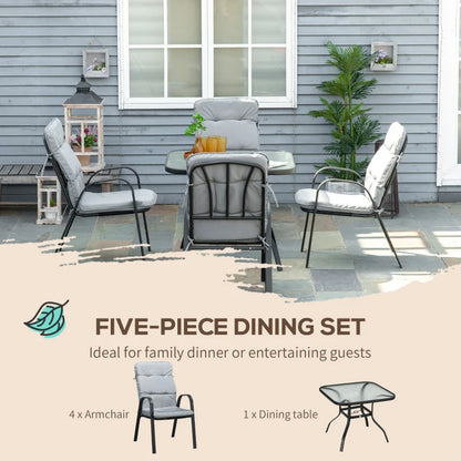 Outsunny 5 Pieces Outdoor Square Garden Dining Set w/ Tempered Glass Dining Table 4 Cushioned Armchairs, Umbrella Hole