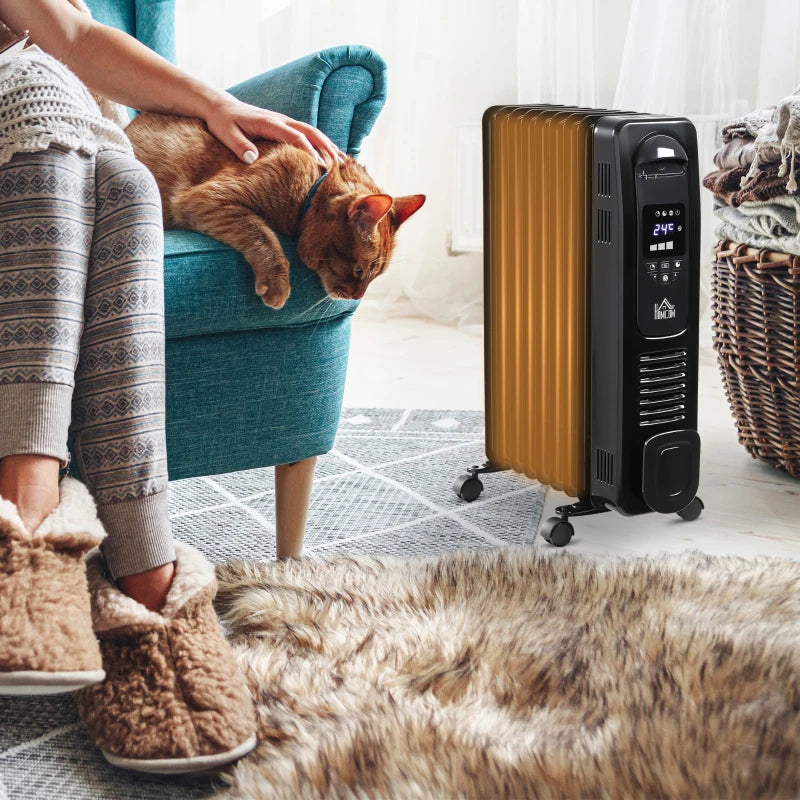 HOMCOM 2000W Digital Oil Filled Radiator, 9 Fin, Portable Electric Heater with LED Display, Timer, 3 Heat Settings, Safety Cut-Off and Remote Control, Black