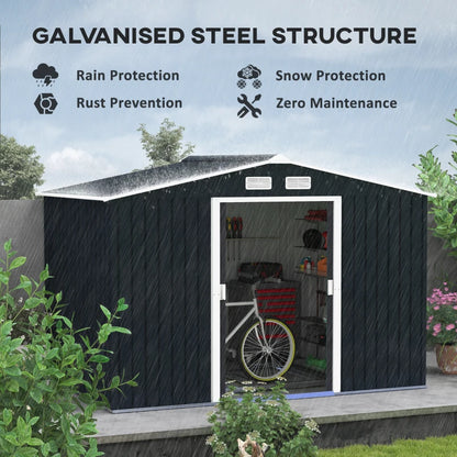 Outsunny 9x6ft Metal Garden Shed, Outdoor Storage Tool House with Ventilation Slots, Foundation Kit, Lockable Double Doors