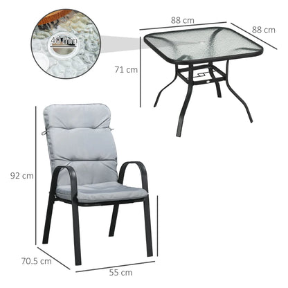 Outsunny 5 Pieces Outdoor Square Garden Dining Set w/ Tempered Glass Dining Table 4 Cushioned Armchairs, Umbrella Hole