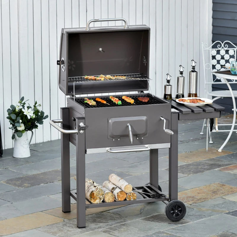 Outsunny Charcoal Grill BBQ Trolley with Adjustable Charcoal Grate, Garden Metal Smoker Barbecue with Shelf, Side Table, Wheels, Built-in Thermometer