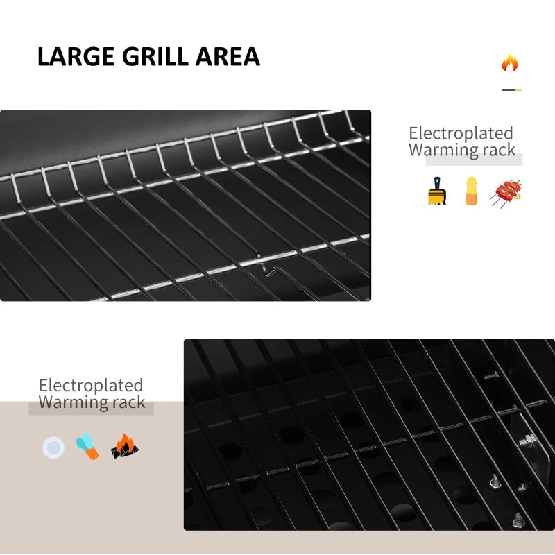 Outsunny Charcoal Grill BBQ Trolley with Adjustable Charcoal Grate, Garden Metal Smoker Barbecue with Shelf, Side Table, Wheels, Built-in Thermometer