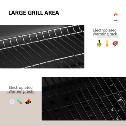 Outsunny Charcoal Grill BBQ Trolley with Adjustable Charcoal Grate, Garden Metal Smoker Barbecue with Shelf, Side Table, Wheels, Built-in Thermometer