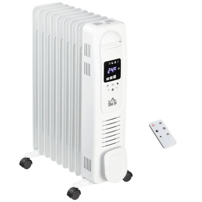 HOMCOM 2000W Digital Oil Filled Radiator, 9 Fin, Portable Electric Heater with LED Display, Timer, 3 Heat Settings, Safety Cut-Off and Remote Control, White