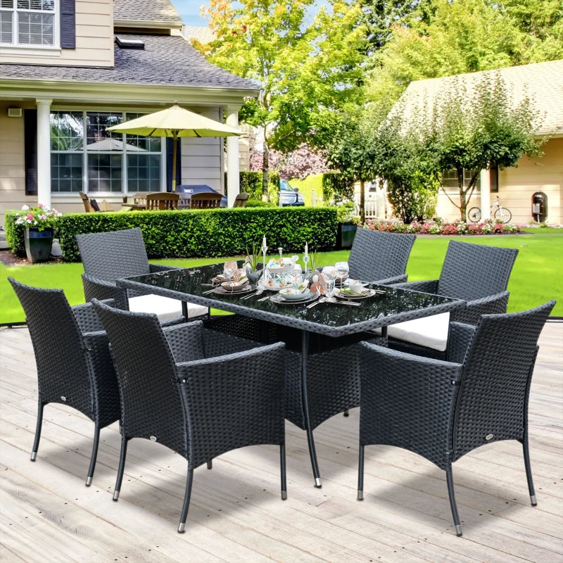 Outsunny 7 Pieces Outdoor PE Rattan Garden Dining Set, Patio Conversation Furniture Set with 6 Cushioned Armchairs and Rectangular Glass Top Table