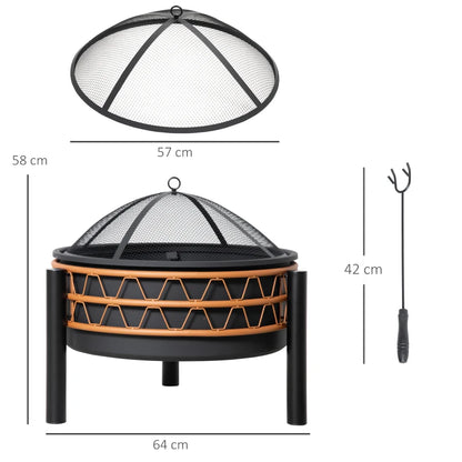 Outsunny 61cm Outdoor Fire Pit, Metal Round Firepit Bowl, Charcoal Log Wood Burner with Screen Cover, Poker for Patio, Black