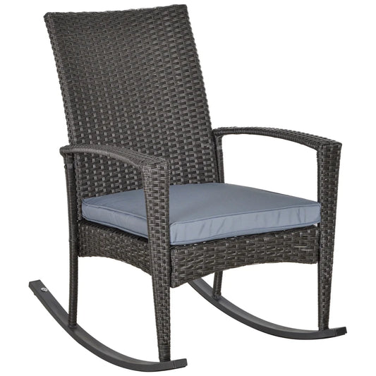 Outsunny Outdoor PE Rattan Rocking Chair, Garden Rocking Chair Set with Armrest and Cushion, Grey