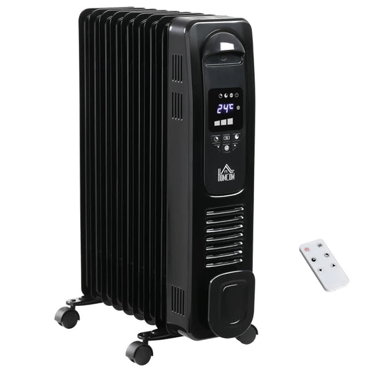 HOMCOM 2000W Digital Oil Filled Radiator, 9 Fin, Portable Electric Heater with LED Display, Timer, 3 Heat Settings, Safety Cut-Off and Remote Control, Black