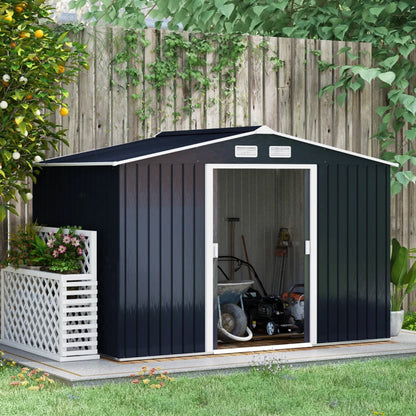 Outsunny 9x6ft Metal Garden Shed, Outdoor Storage Tool House with Ventilation Slots, Foundation Kit, Lockable Double Doors