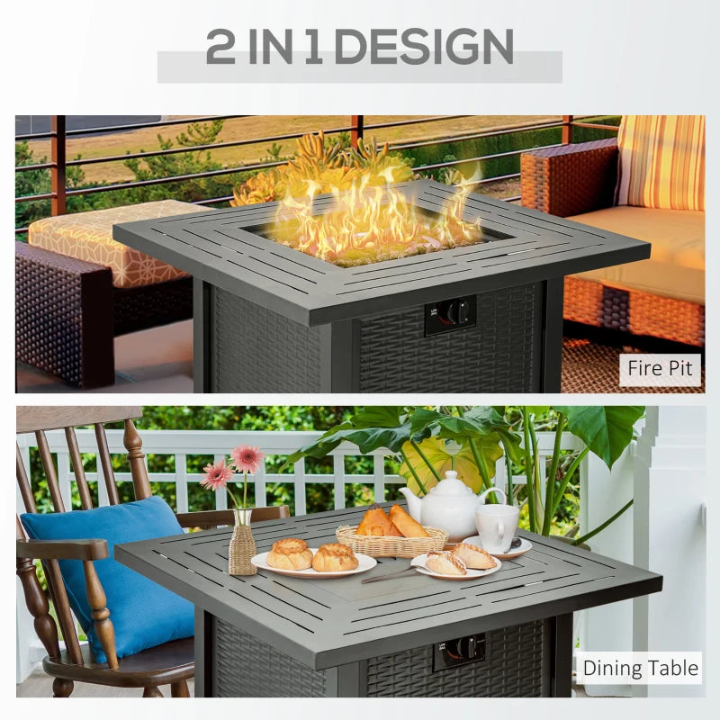 Outsunny Square Propane Gas Fire Pit Table, 40000 BTU Rattan Smokeless Firepit Patio Heater with Protective Cover, Lava Rocks and Lid, 71cm x 71cm x 62cm, Black