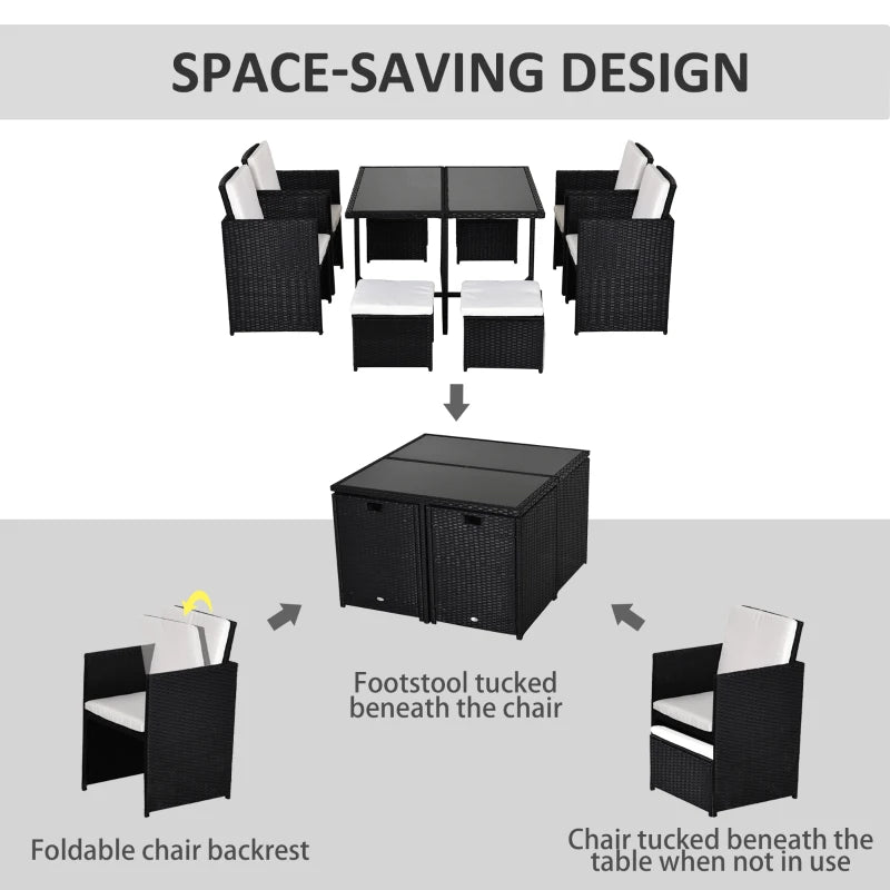 Outsunny 9 Pieces PE Rattan Cube Garden Furniture Set with Cushions, Outdoor Dining Table Set with 4 Armchair, 4 Stool, and Square Glass Top Table