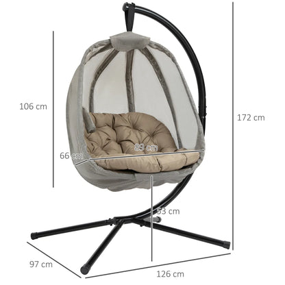 Outsunny Hanging Egg Chair, Folding Texteline Swing Hammock with Side Pocket, Cushion and Stand for Indoor Outdoor, Patio Garden Furniture