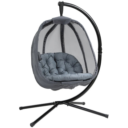 Outsunny Hanging Egg Chair, Folding Texteline Swing Hammock with Side Pocket, Cushion and Stand for Indoor Outdoor, Patio Garden Furniture