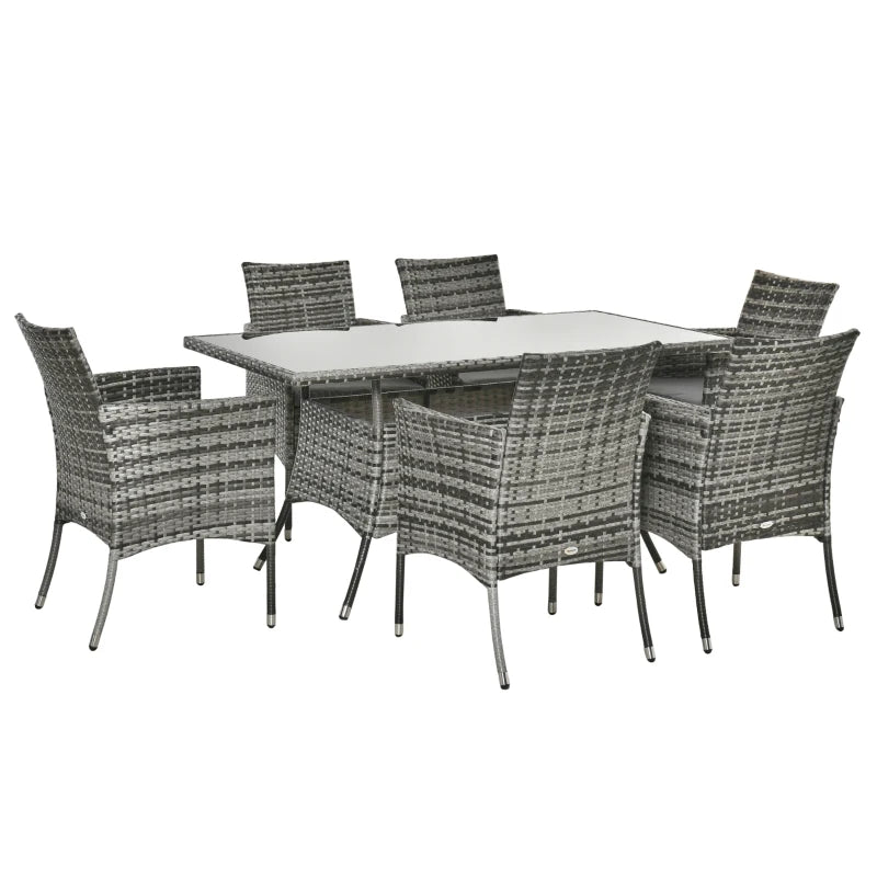 Outsunny 7 Pieces Outdoor PE Rattan Garden Dining Set, Patio Conversation Furniture Set with 6 Cushioned Armchairs and Rectangular Glass Top Table, Grey