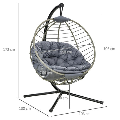 Outsunny PE Rattan Swing Chair, Outdoor Hanging Chair with Metal Stand, Thick Padded Cushion, Foldable Basket and Cup Holder, for Indoor and Outdoor, Grey