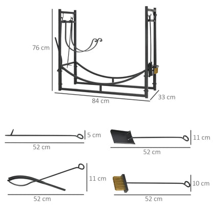 Outsunny Metal Firewood Log Holder Indoor Outdoor Firewood Rack Fireplace 2 Tier Wood Storage Shelf with 4 Tools, Hooks, Scrolls, Black, 84W x 33D x 76H cm