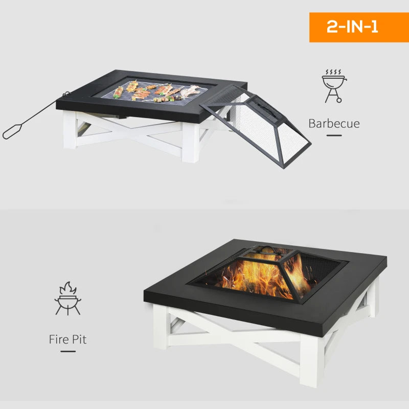 Outsunny Metal Large Firepit Outdoor 3 in 1 Square Fire Pit Brazier w/ BBQ Grill, Lid, Log Grate, Poker for Backyard, Camping, Bonfire, Wood Burning Stove, 86 x 86 x 38cm, Black