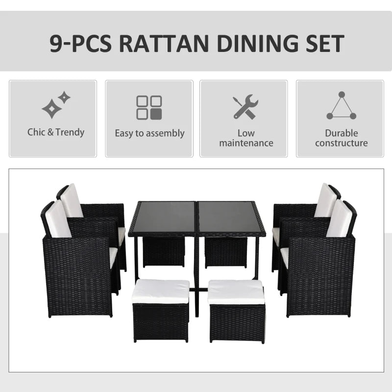 Outsunny 9 Pieces PE Rattan Cube Garden Furniture Set with Cushions, Outdoor Dining Table Set with 4 Armchair, 4 Stool, and Square Glass Top Table