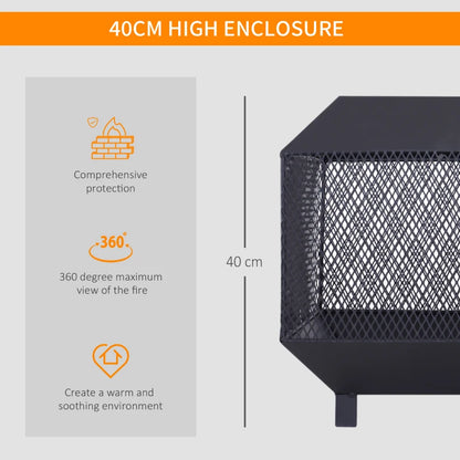 Outsunny Metal Square Fire Pit Outdoor Mesh Firepit Brazier w/ Lid, Log Grate, Poker for Backyard, Camping, Bonfire, Wood Burning Stove, 44 x 44 x 40cm, Black