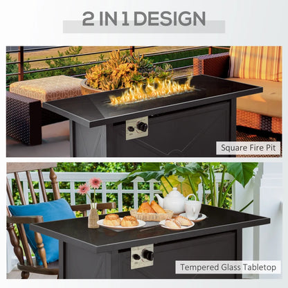 Outsunny Propane Gas Fire Pit Table, 50000BTU Smokeless Firepit Outdoor Patio Heater with Tempered Glass Tabletop, Cover, Glass Beads, Lid, Black