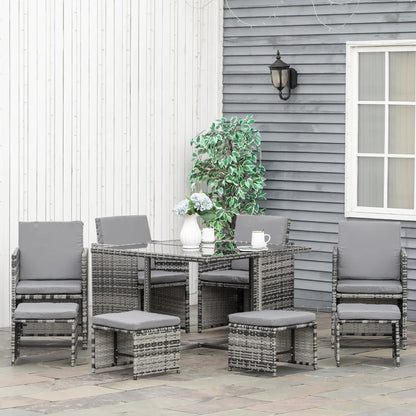 Outsunny 9 Pieces PE Rattan Cube Garden Furniture Set with Cushions, Outdoor Dining Table Set with 4 Armchair, 4 Stool, and Square Glass Top Table