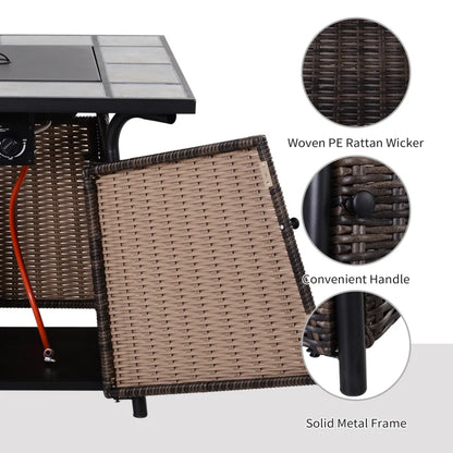 Outsunny Square Outdoor PE Rattan Fire Pit TableGas Burner Heater w/ Control Panel, Slate Top, Lid and Lava Rocks, 50,000 BTU