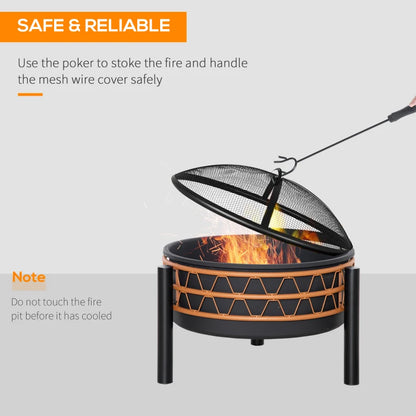 Outsunny 61cm Outdoor Fire Pit, Metal Round Firepit Bowl, Charcoal Log Wood Burner with Screen Cover, Poker for Patio, Black