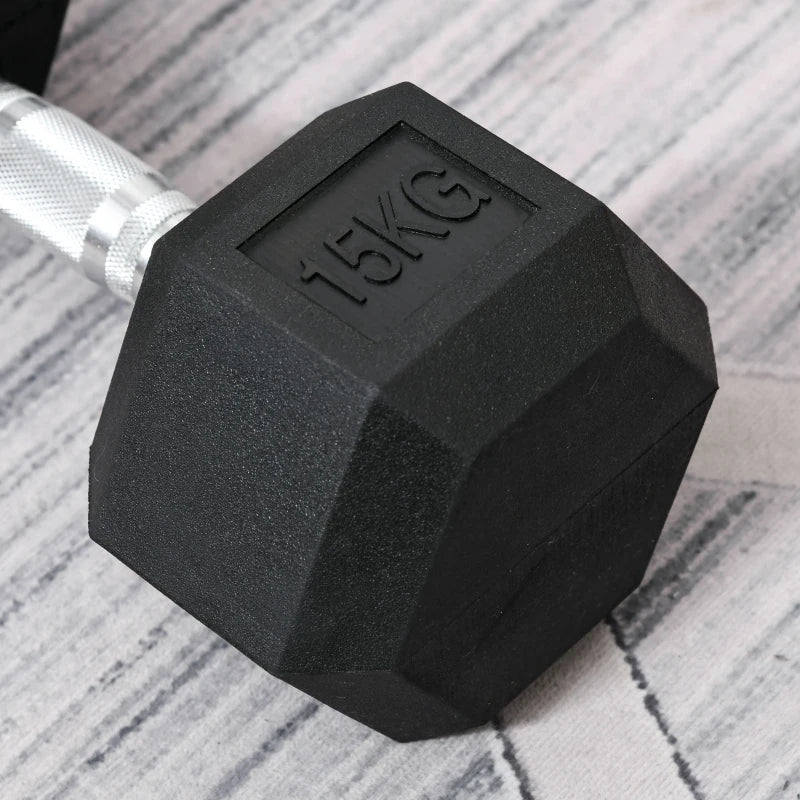 HOMCOM 2x15kg Rubber Hex Dumbbell Portable Hand Weights Dumbbell Home Gym Workout Fitness Hand Dumbbell