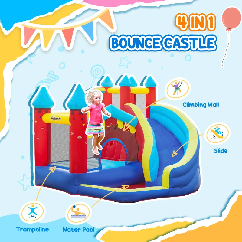 Outsunny Kids Bouncy Castle, with Slide, Pool, Trampoline, Climbing ...