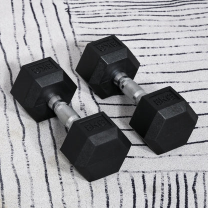 HOMCOM 2x8kg Hex Dumbbell Rubber Weights Sets Hexagonal Gym Fitness Lifting Home