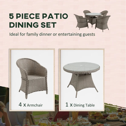 Outsunny 5 Pieces Luxury PE Rattan Dining Sets with Cushion, Outdoor Round Wicker Garden Furniture with 4 Armchairs & Glass Top Table w/ Umbrella Hole, Mixed Grey