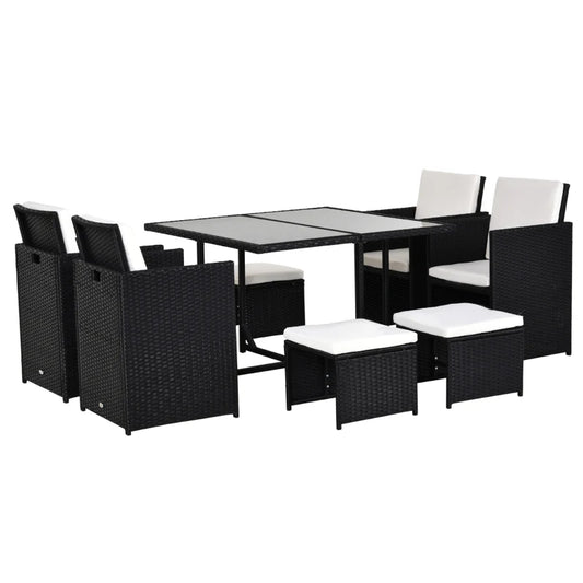 Outsunny 9 Pieces PE Rattan Cube Garden Furniture Set with Cushions, Outdoor Dining Table Set with 4 Armchair, 4 Stool, and Square Glass Top Table