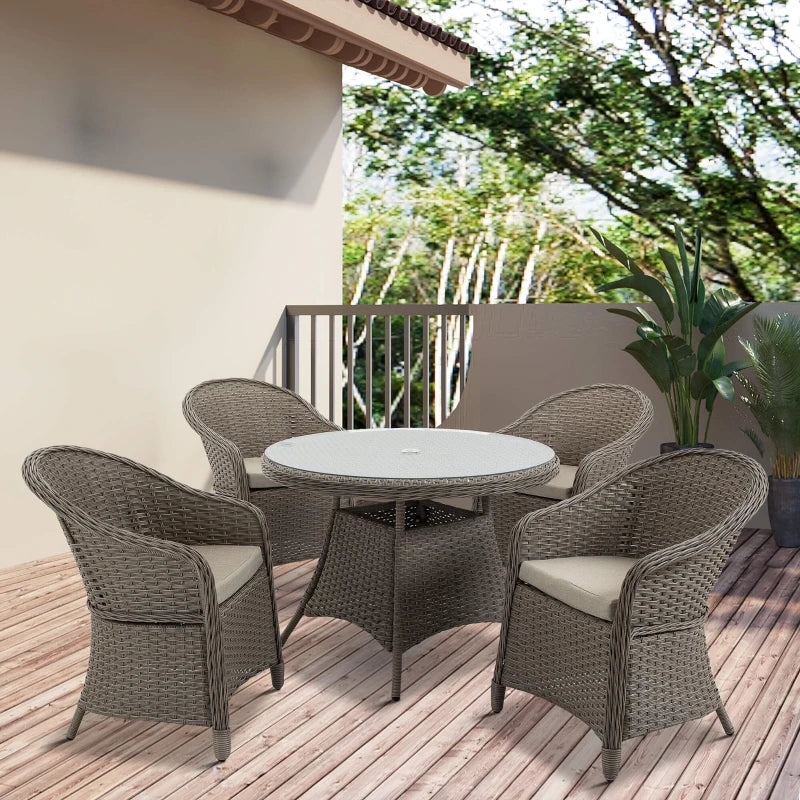 Outsunny 5 Pieces Luxury PE Rattan Dining Sets with Cushion, Outdoor Round Wicker Garden Furniture with 4 Armchairs & Glass Top Table w/ Umbrella Hole, Mixed Grey