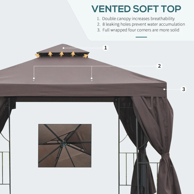 Outsunny 3 x 3 m Garden Gazebo Double Roof Marquee Patio Wedding Party Tent Canopy Shelter with Sidewalls, (Brown)