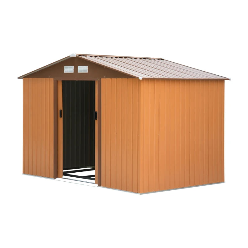 Outsunny 9x6ft Metal Garden Shed, Outdoor Storage Tool House with Ventilation Slots, Foundation Kit, Lockable Double Doors