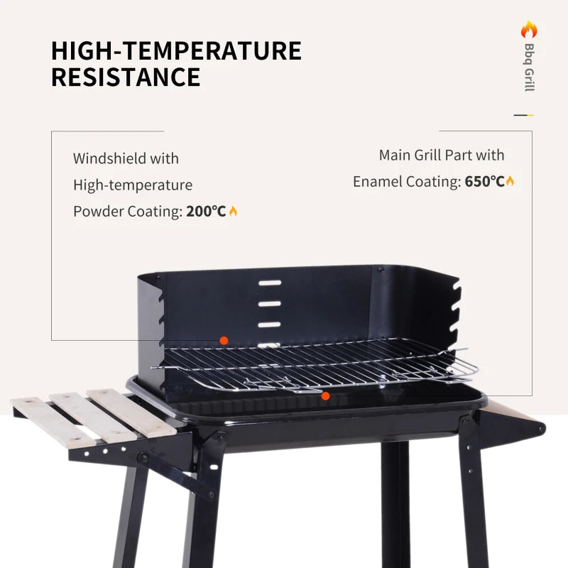 Outsunny Trolley Charcoal BBQ Barbecue Grill Outdoor Patio Garden Heating Smoker with Side Trays Storage Shelf and Wheels