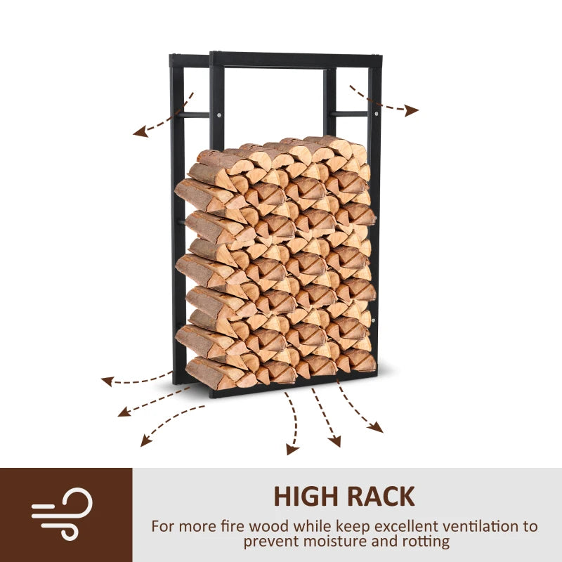 HOMCOM Metal Firewood Log Holder Tall Firewood Rack Indoor Outdoor Fireplace Wood Storage Shelf with Side Rails, Rust-Resistant, Black, 60W x 25D x 100H cm