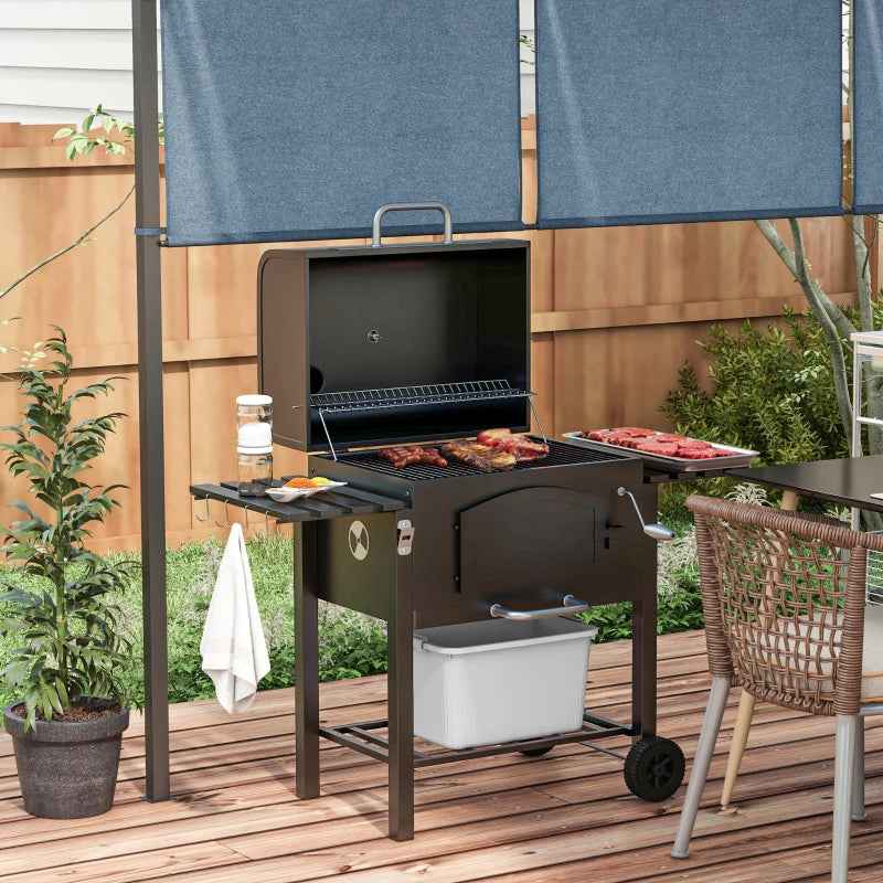 Outsunny Charcoal Barbecue Grill Trolley Garden Smoker with Shelves, Adjustable Height, Thermometer on Lid, Opener and Wheels