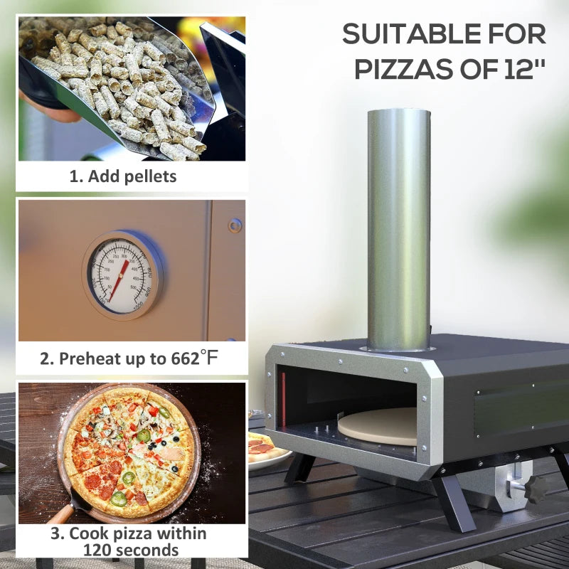 Outsunny Portable Wood Pellet Pizza Oven with 12" / 30cm Rotating Pizza Stone, Peel and Cover, Wood Fired Pizza Maker with Thermometer for Outdoor Garden Cooking