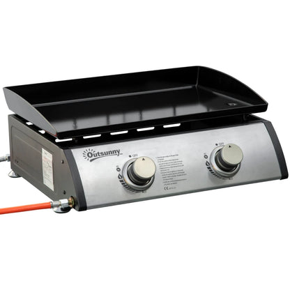 Outsunny Gas Plancha Grill with 2 Stainless Steel Burner, 6kW, Portable Tabletop Gas BBQ with Non-Stick Griddle for Camping Picnic